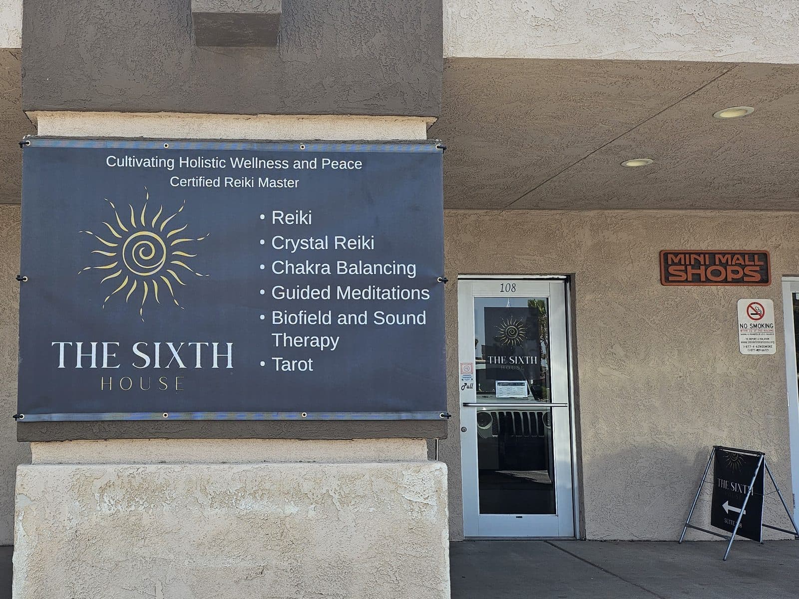 Exterior banner for The Sixth House listing Reiki, Crystal Reiki, Chakra Balancing, Guided Meditations, Biofield and Sound Therapy, and Tarot.